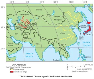 Diagram of distribution of Channa argus, from USGS