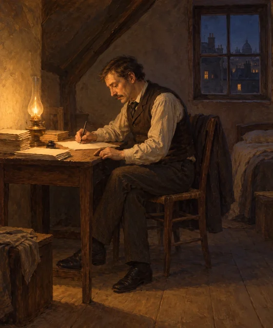 AI interpretation of Monsieur Loisel doing extra copying work at night in modest Paris lodgings.