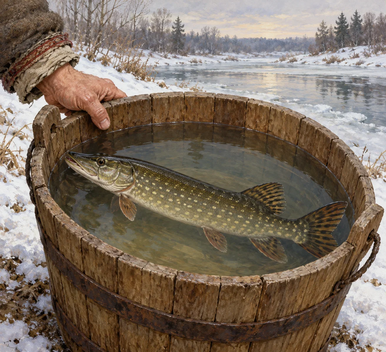 Pike in a water pail beside a hand on the rim.