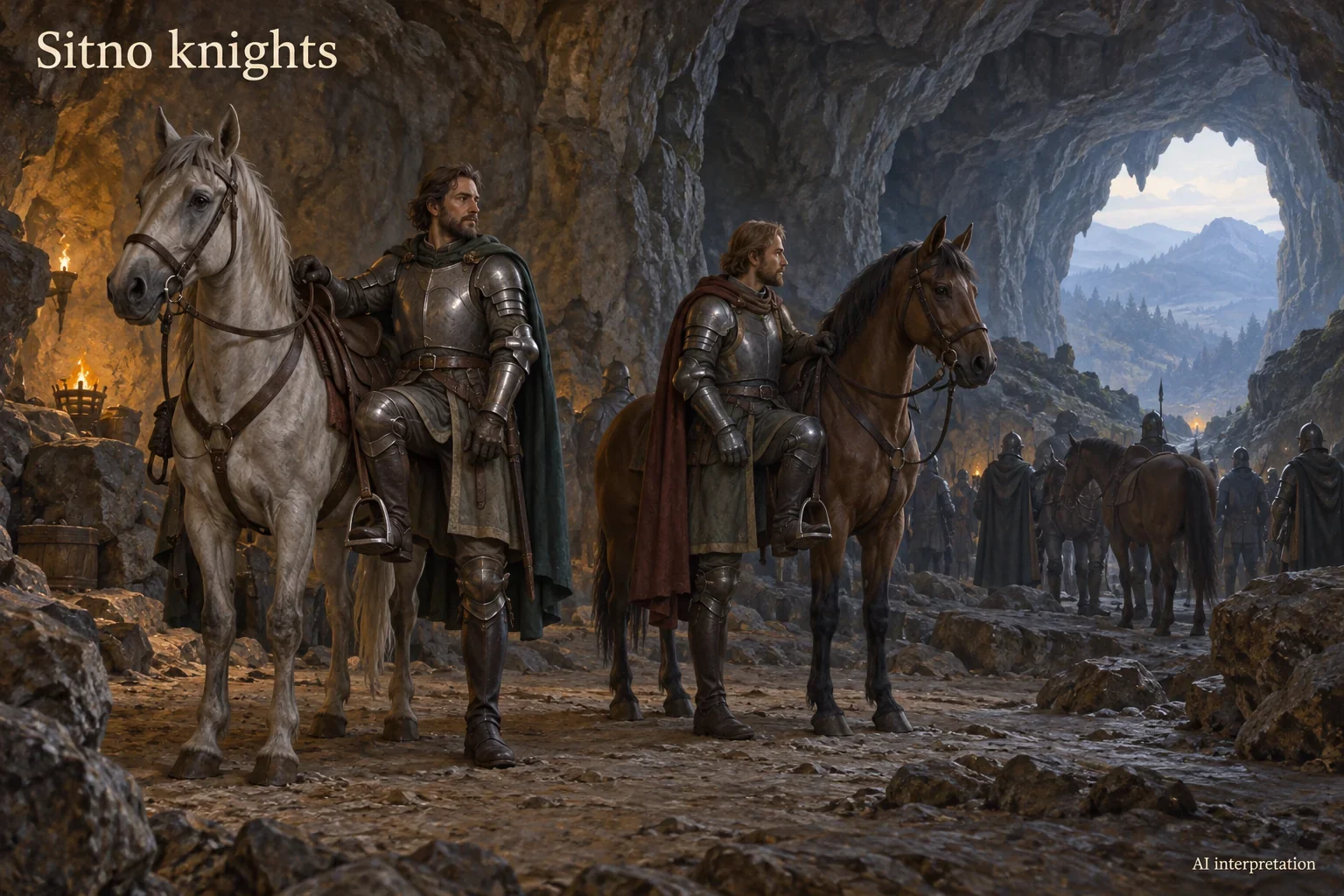 Two imagined knights wait beside saddled horses in a rocky cavern, each with one boot in a stirrup.