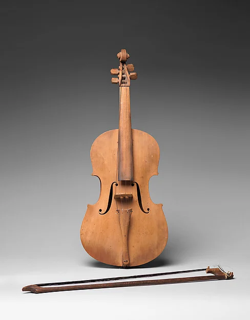 Late-nineteenth-century Rarámuri raberi violin and bow from Chihuahua, Mexico, photographed in the Met’s musical-instrument collection, 89.4.563