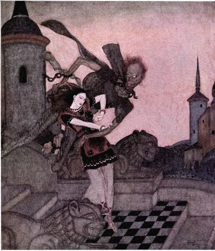A dark winged man carries a woman above a terrace between towers under a pink sky.