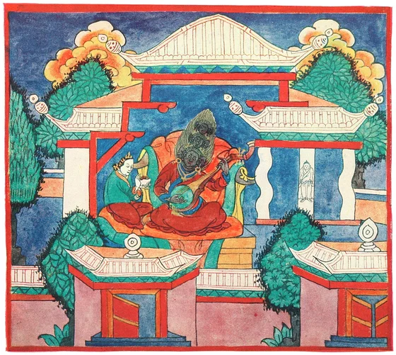 Captive woman in human form seated beside the guitar-playing ogre, anonymous Tibetan illustration published 1906