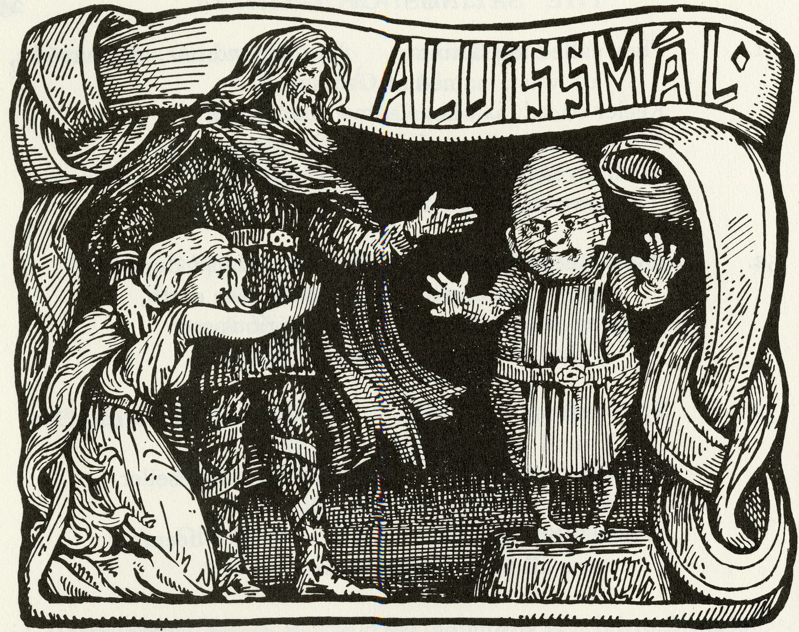 Alvíss answers Thor beside the suitor’s intended bride, W. G. Collingwood, 1908