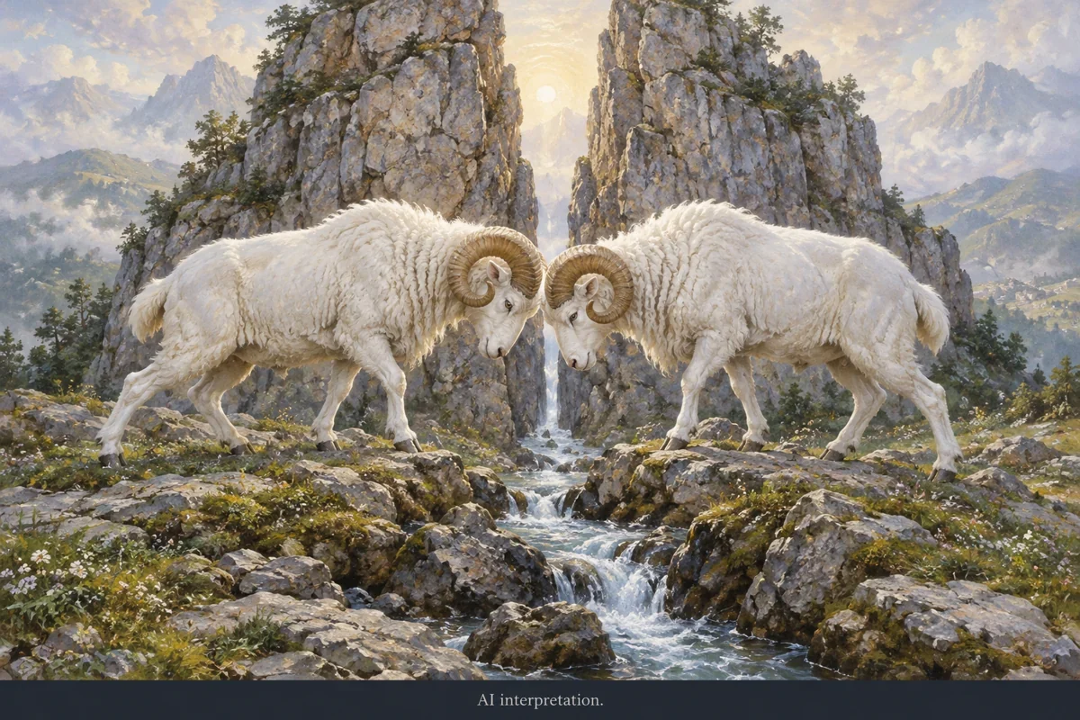 AI interpretation of Ajvaz Dedo’s dream: colliding rams and a rocky water passage imagined; no pilgrimage reconstruction.