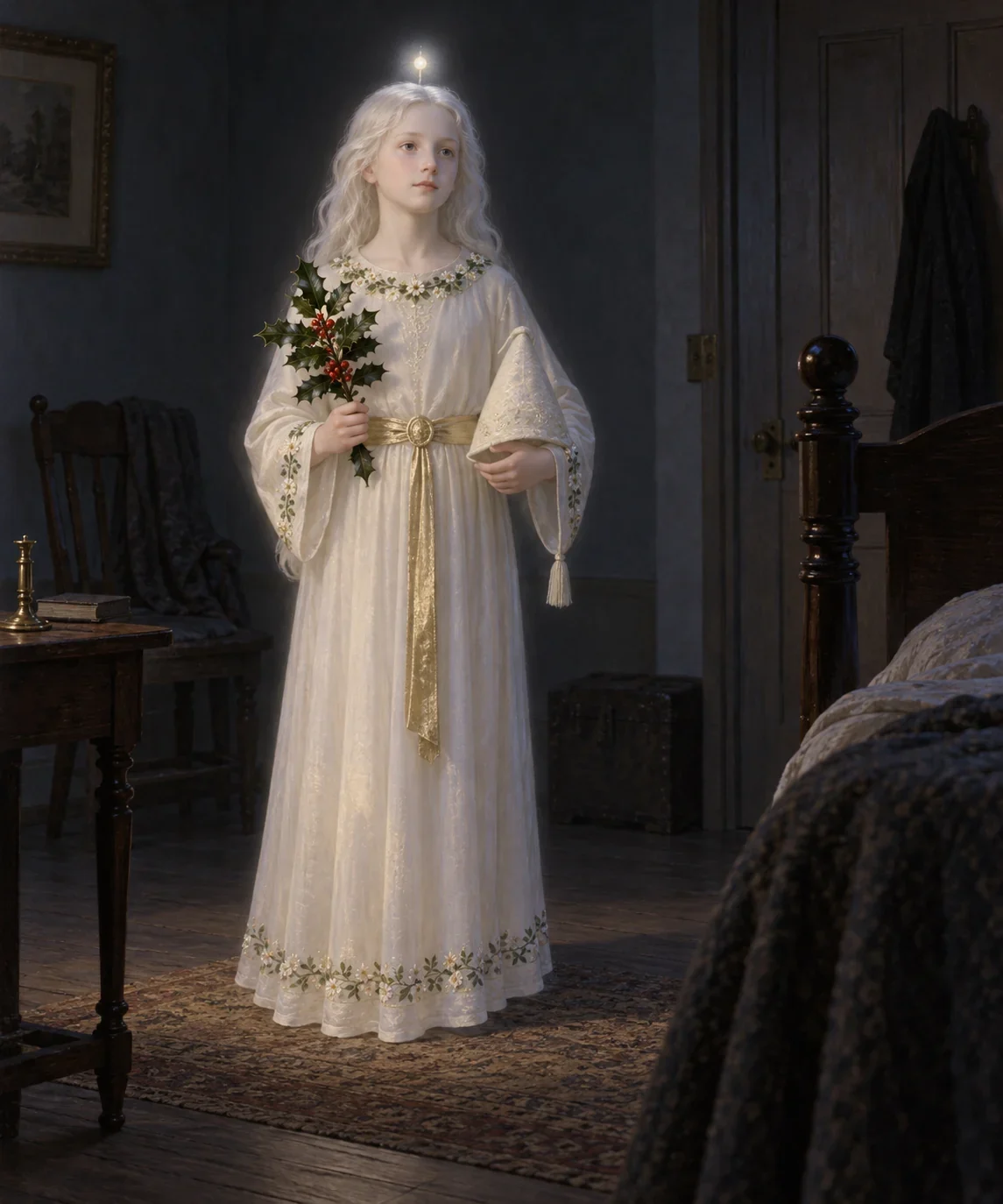 Imagined Ghost of Christmas Past in a quiet original-novel portrait.