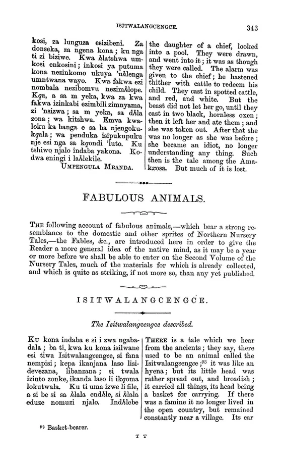 Isitwalangcengce: documentary text witness, Callaway 1868, printed page 343; documentary source-page facsimile