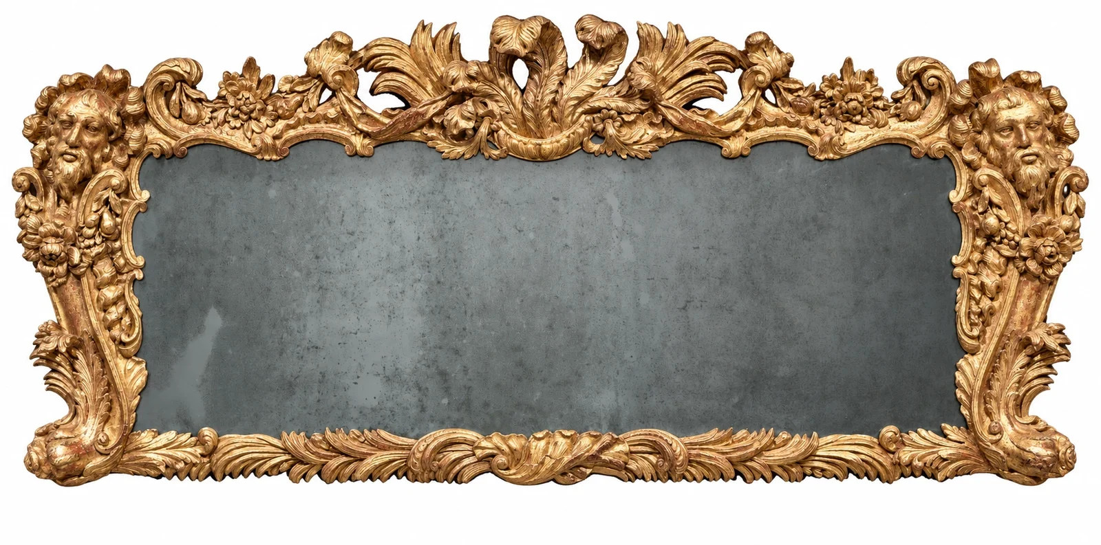 Giltwood overmantel mirror with a central feather crest.