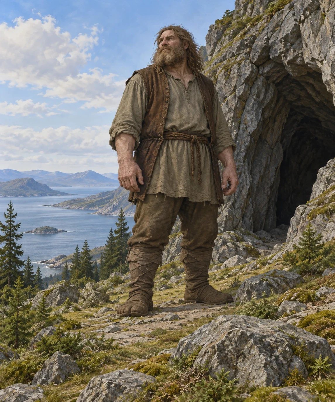 A clothed giant stands outside a rocky cave above a distant sea.