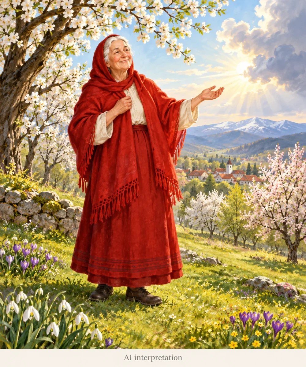AI interpretation of smiling Baba Marta and spring blossom. Body and clothes imagined; no ritual reconstruction.