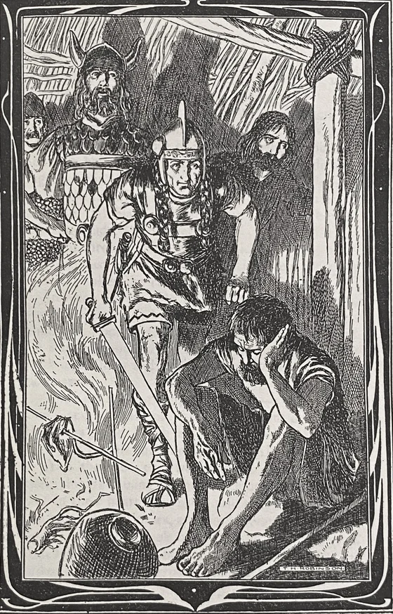 Völund sleeps by the fire as King Níðuðr’s men approach, Thomas Heath Robinson, 1903
