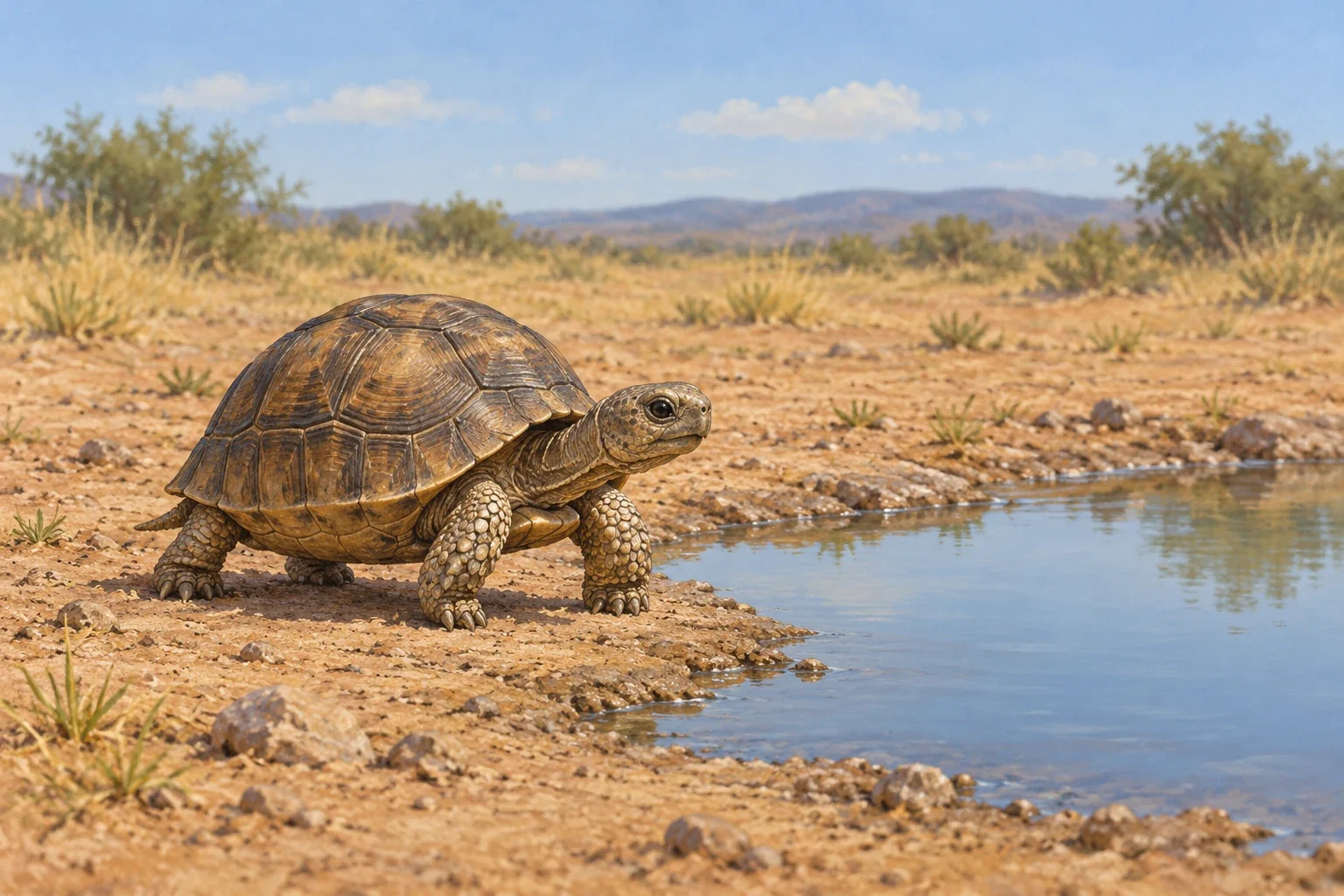 A small brown tortoise stands beside a still pool.