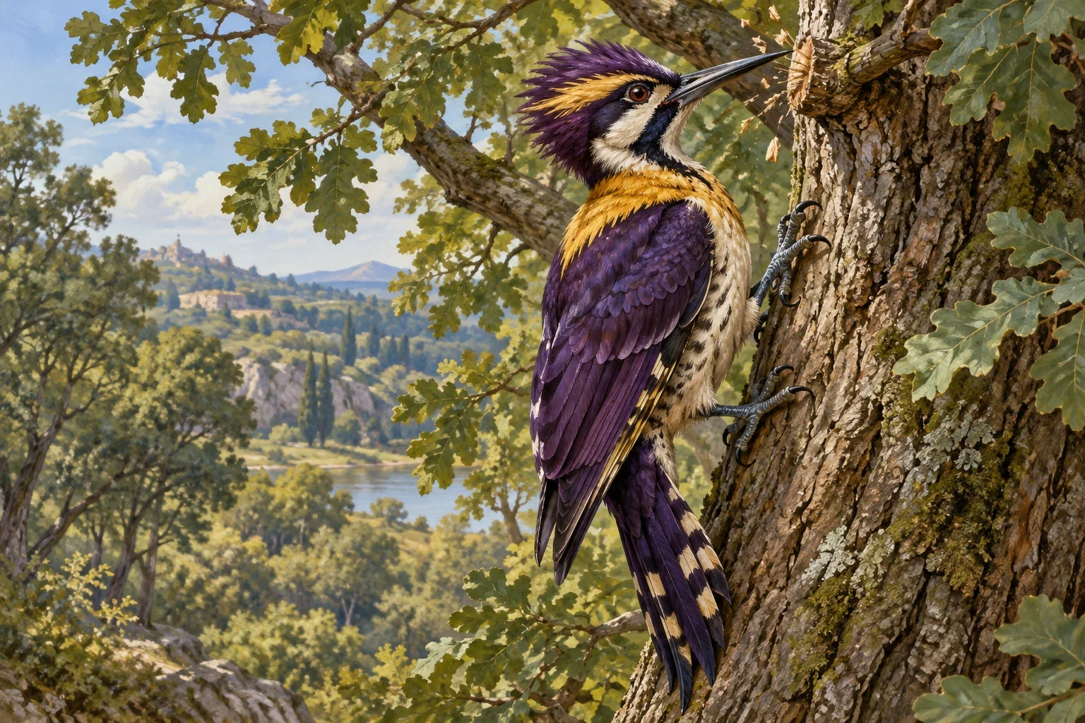 A complete purple-winged bird with a golden neck clings to an oak and taps the bark with its beak.