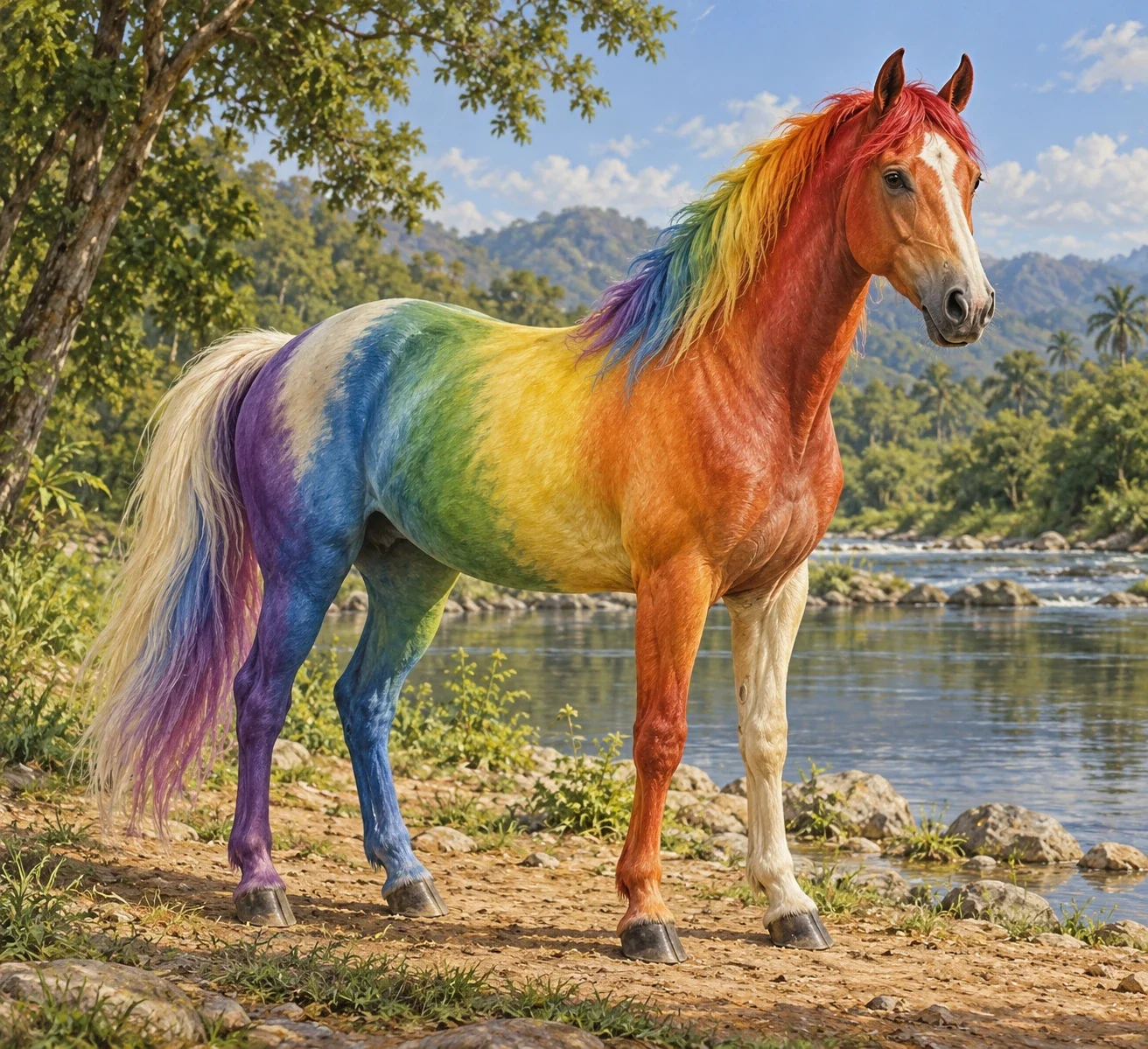 A complete horse with a multicoloured coat stands beside a quiet river