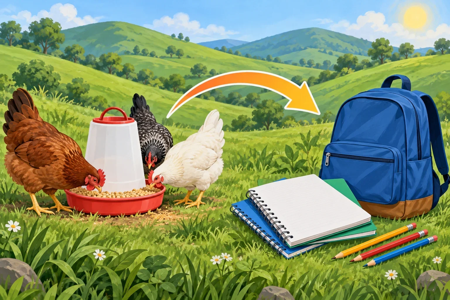 Imagined hill-context diagram linking poultry livelihoods and educational supplies.