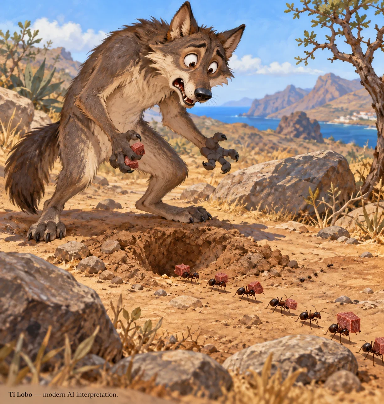 AI imagined Ti Lobo losing a food stash to ants.