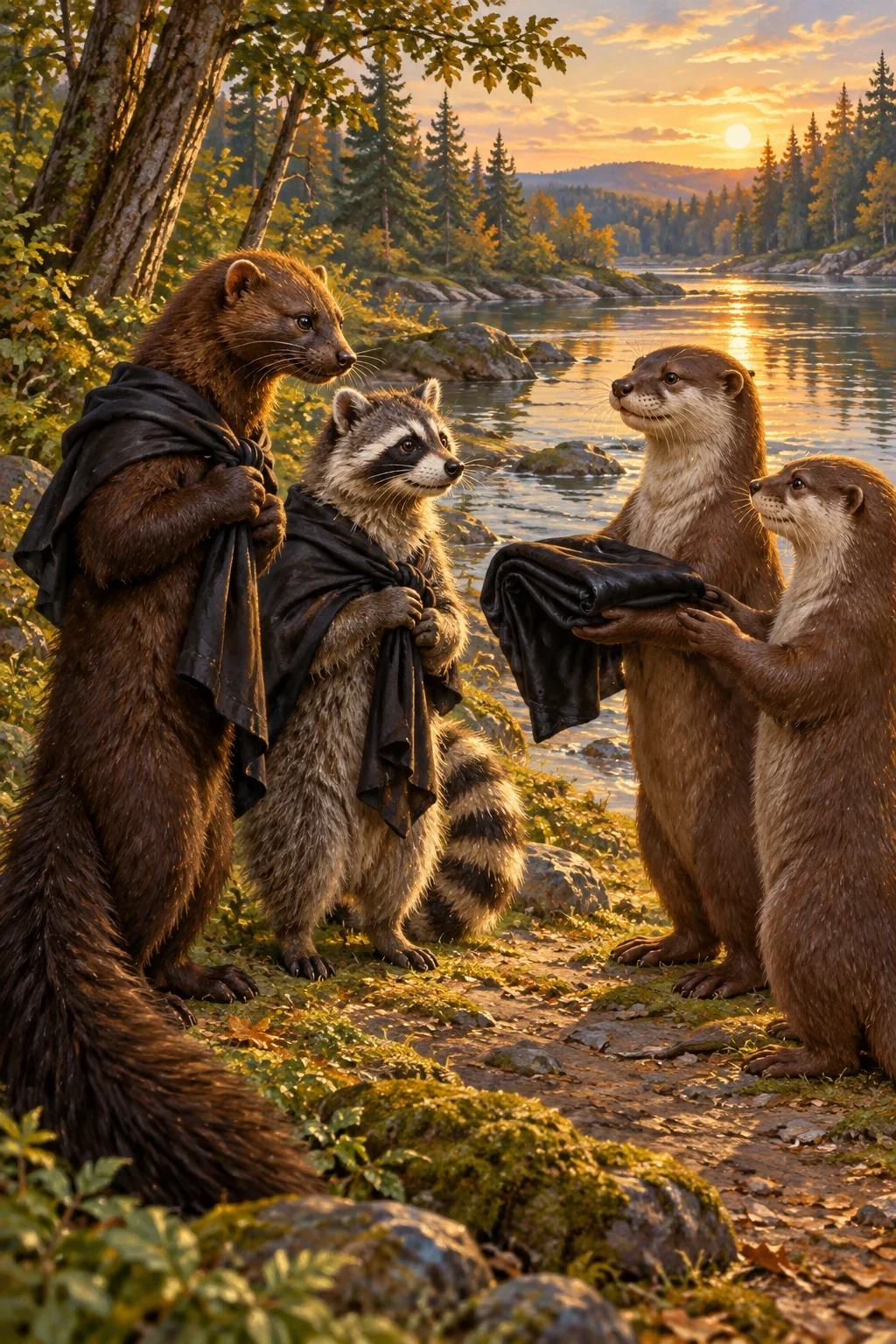 Fisher, Raccoon and the Otter household in Nancy Jeddore’s account — AI-generated interpretation