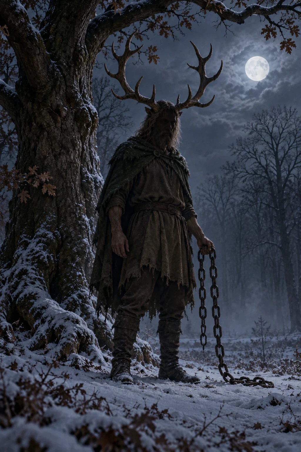 Interpretation of Herne as a horned keeper beside a winter oak with a chain