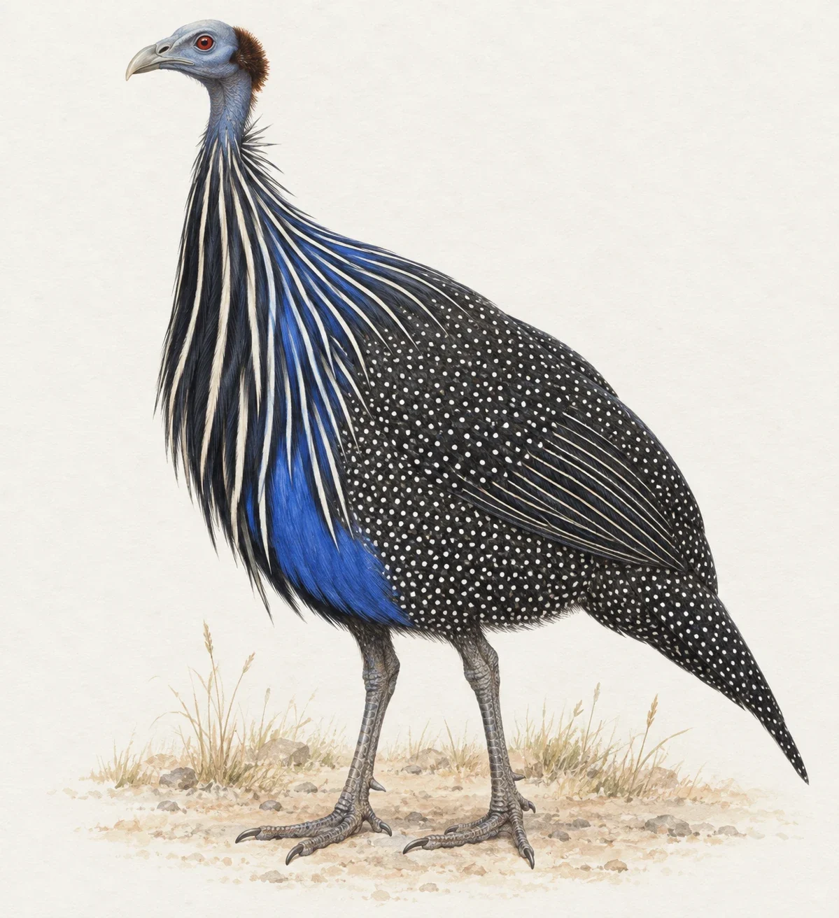 Vulturine guineafowl - AI-generated scientific interpretation.