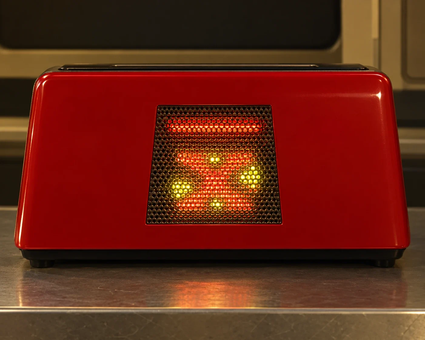 Red talking toaster with illuminated central display.