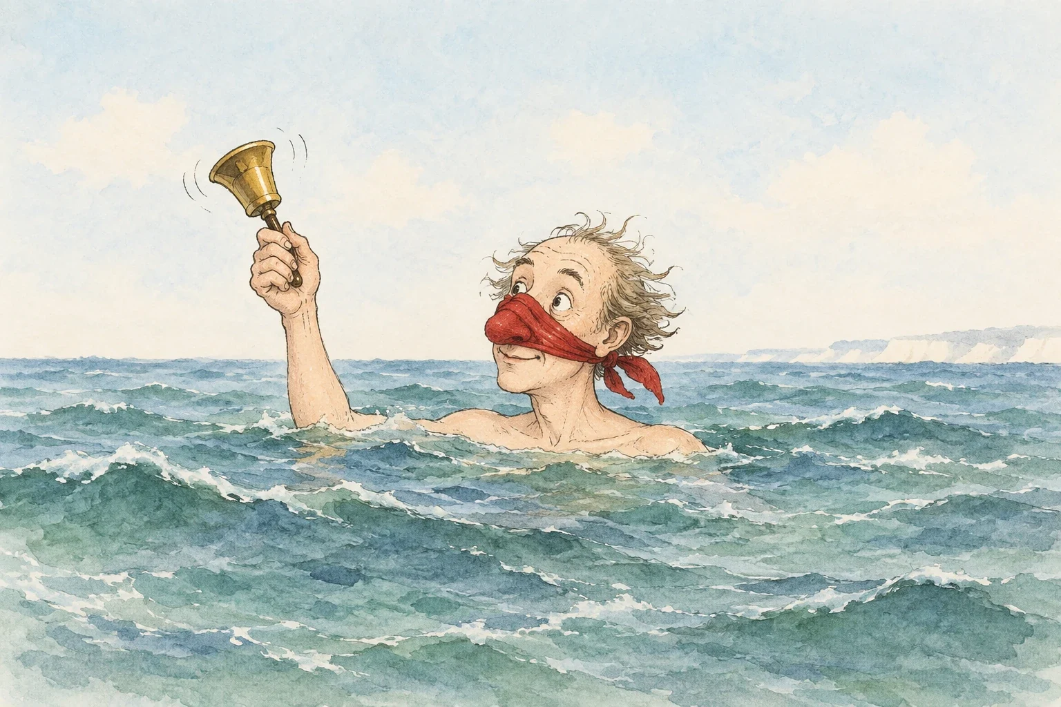 AI-generated illustration: Lear’s Pobble swimming with scarlet flannel around his nose and a raised bell, with feet concealed beneath water.