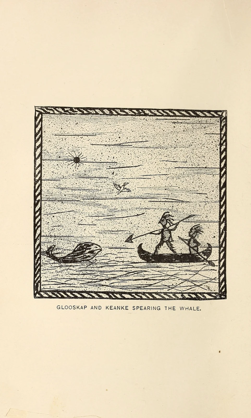 Glooskap and his giant companion spearing a whale, after Tomah Joseph’s birchbark design