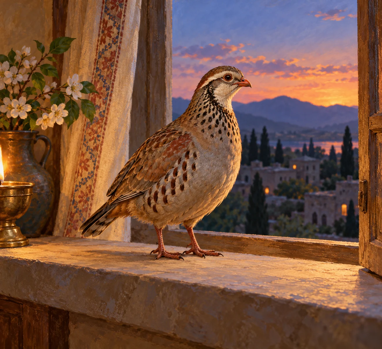 Complete partridge on an imagined windowsill before the trap.