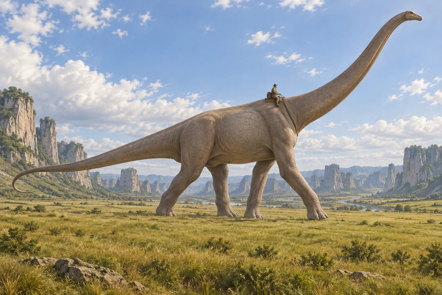 Unofficial AI interpretation of a lidi carrying a fictional rider across a plain, following the novel’s immense quadruped, tiny head, very long neck and hairlessness. Skin details, tail, rider clothing, tack and landscape are imagined; proportions convey approximate narrative scale.