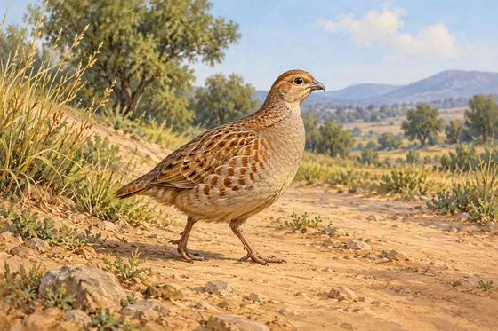 Complete partridge-like bird walking on an imagined quiet path.