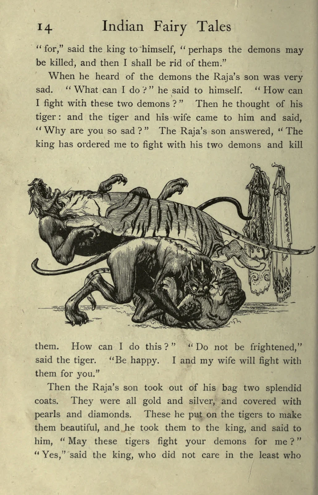 Whole illustrated book page with surrounding printed narrative: Two striped tigers grapple with two dark, long-tailed humanoid demons; two ornate coats hang behind the fighting pairs.