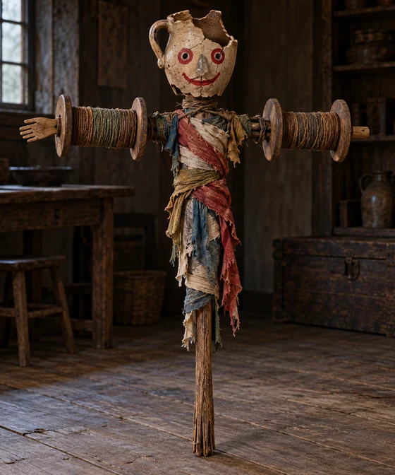 A complete broomstick figure has a broken jug head, glass nose, two wooden yarn-reel arms, red-painted face and coloured rags.