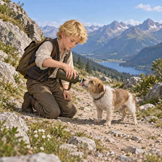 Modern AI interpretation of Gluck sharing his last water with the dog; clothing, faces and mountain composition are imagined.