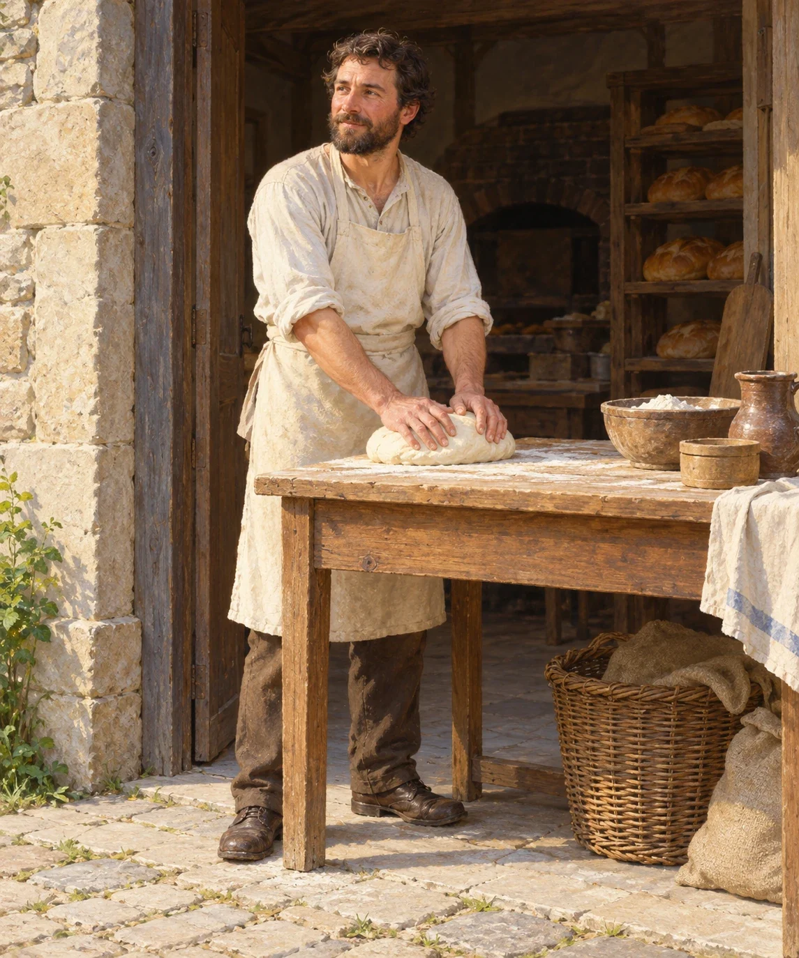AI interpretation of De Morgan’s baker kneading dough at his doorway.