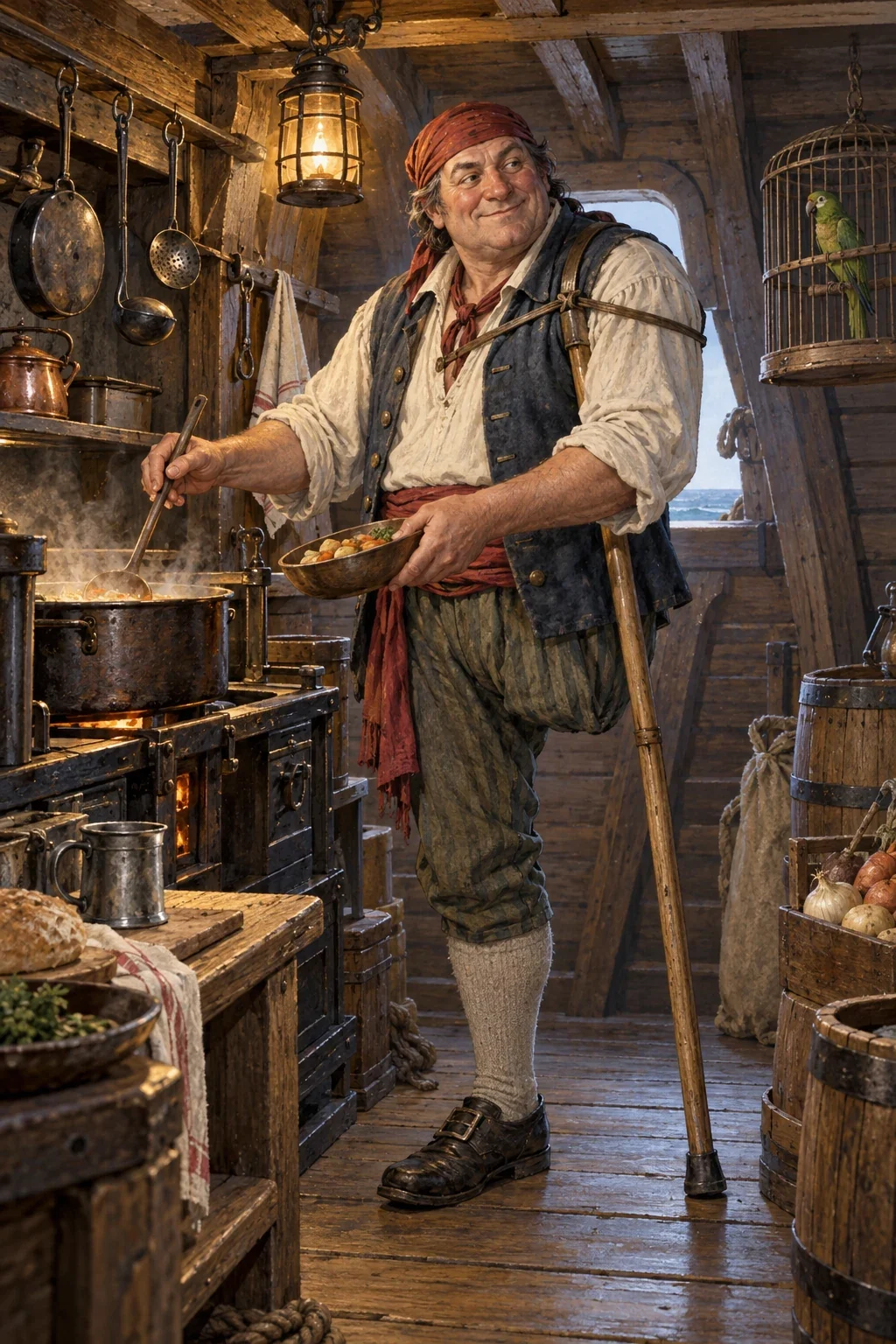 Unofficial AI interpretation of Long John Silver cooking in the Hispaniola’s galley, supported by a crutch beside his absent left leg. Clothing, cookware, light and room arrangement are imagined.