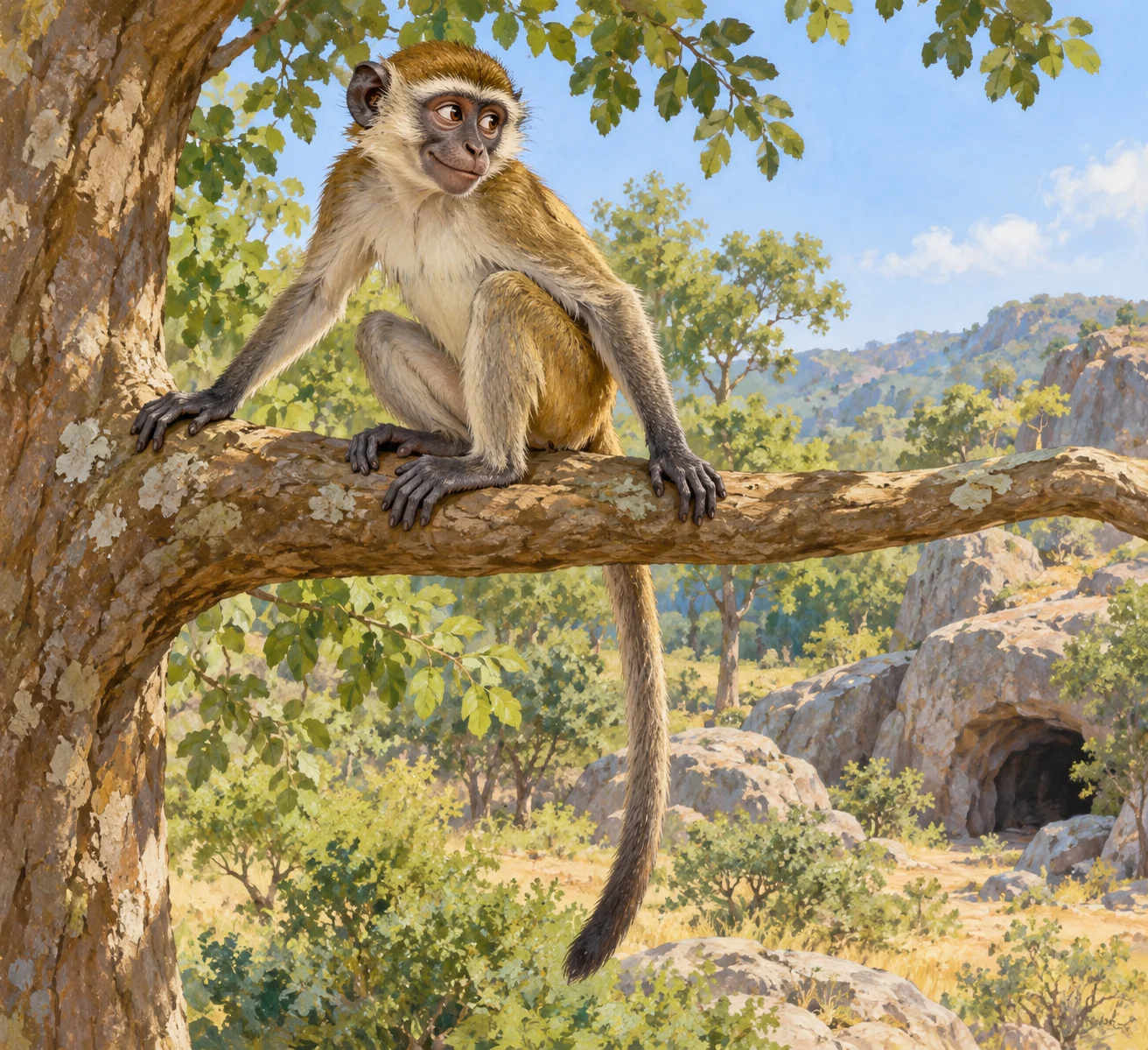 Complete imagined monkey resting on a branch with a hanging tail.