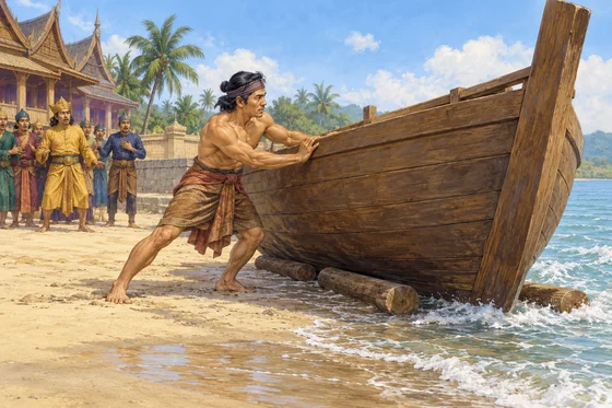 AI-generated Badang launching a large wooden boat alone while court attendants watch
