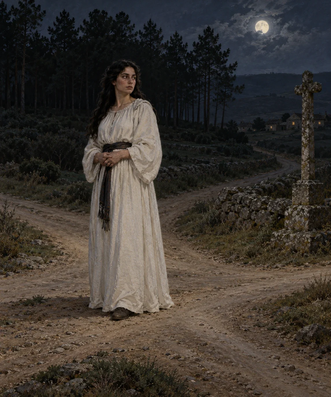 AI interpretation of an ordinary adult bruxa in white at a rural crossroads