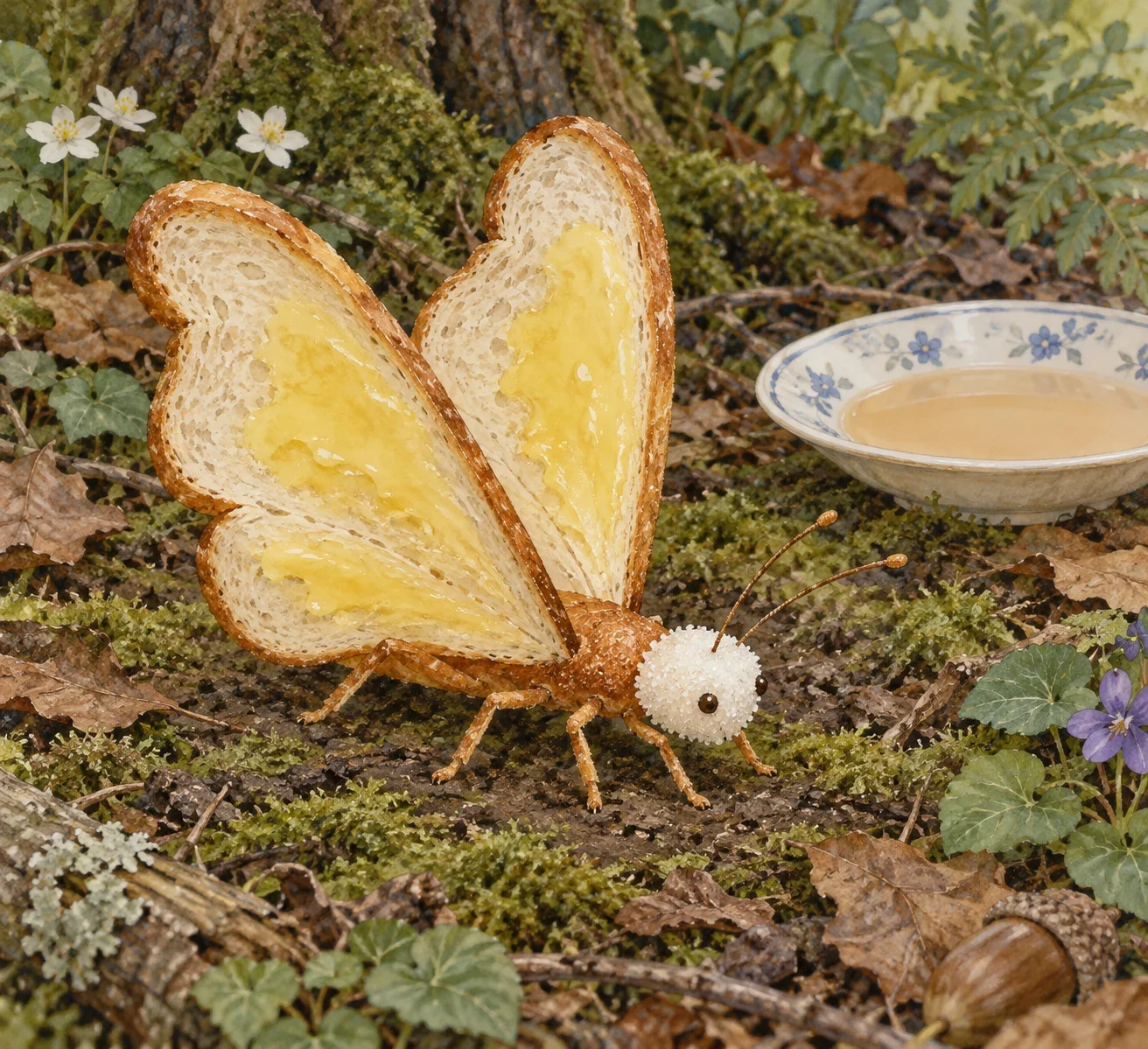 Unofficial AI interpretation of Carroll’s Bread-and-butter-fly: buttered bread wings, crust body and sugar-lump head. Limbs, facial details, pose, woodland and tea saucer are imagined; the tea recalls its stated diet.