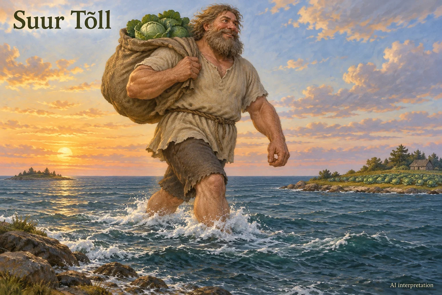 A giant strides through the sea carrying a sack of cabbages.
