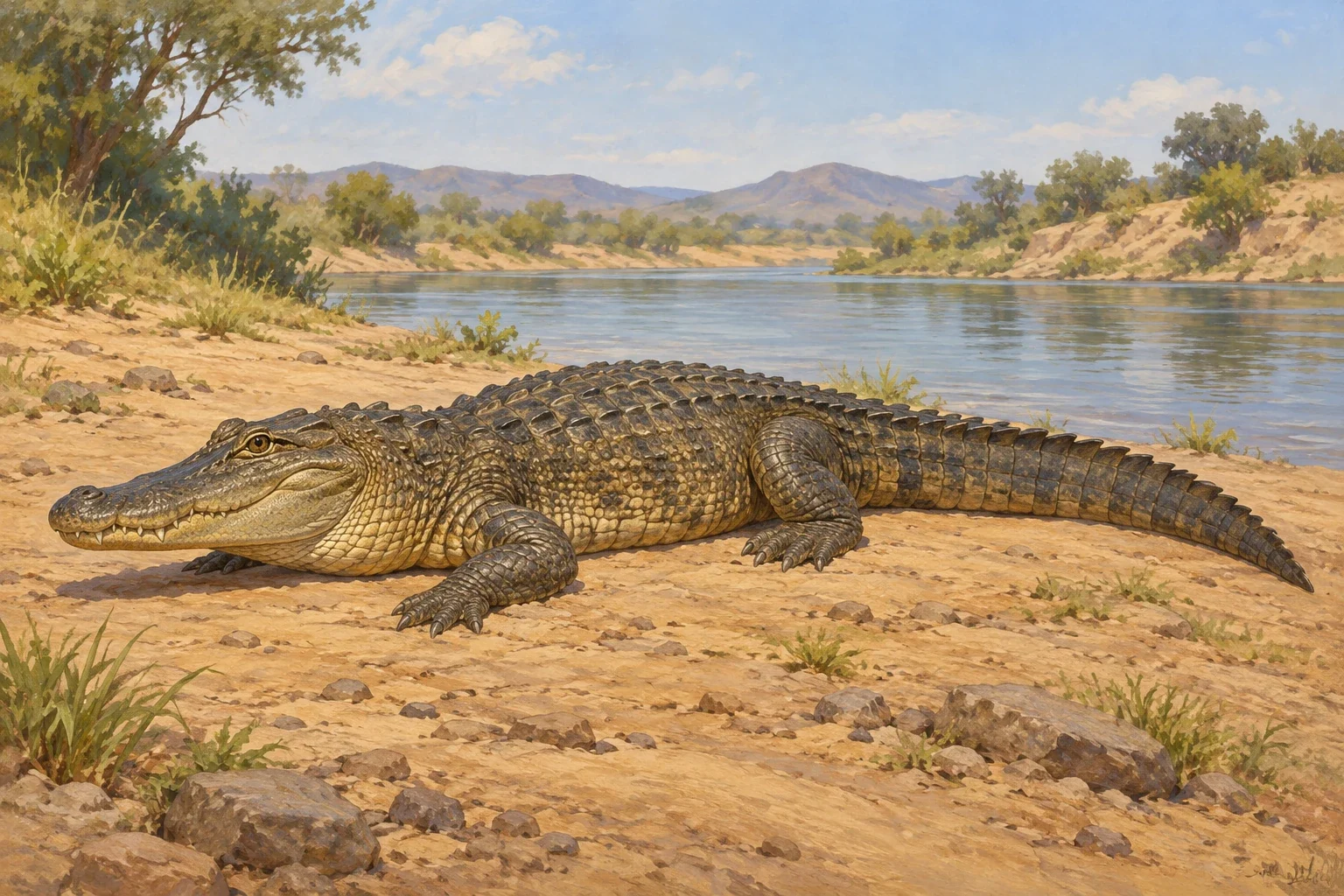 A crocodilian rests on dry ground beside a river.