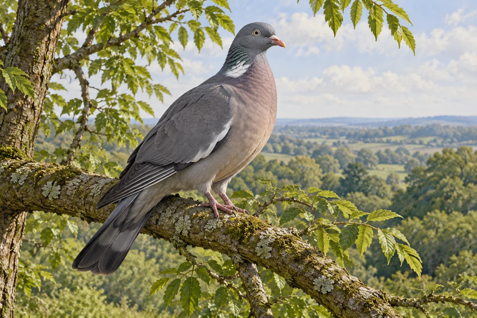 A sturdy gray wood-pigeon stands alert on an ash-tree branch.