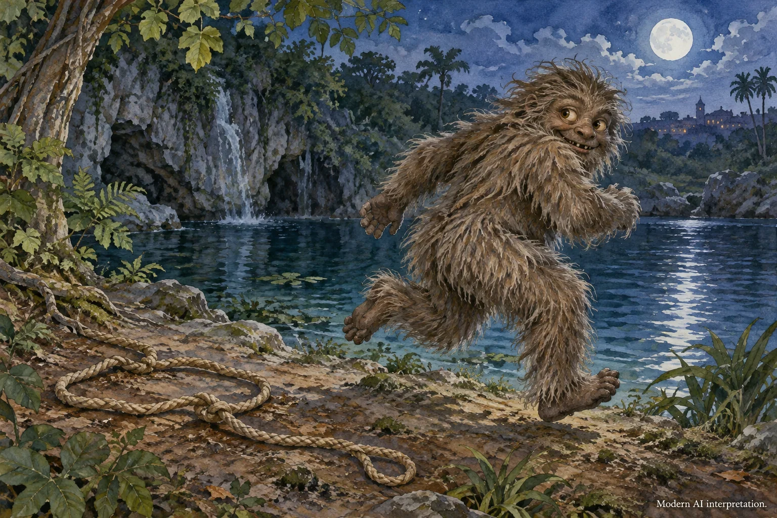 AI imagined Güije escaping beside a pool; a conceptual narrative scene.