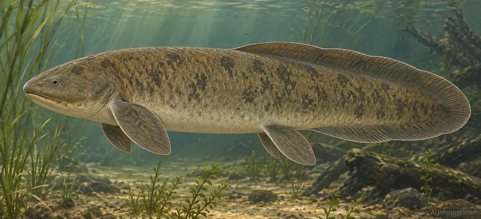 AI interpretation of an Australian lungfish with paddle fins.