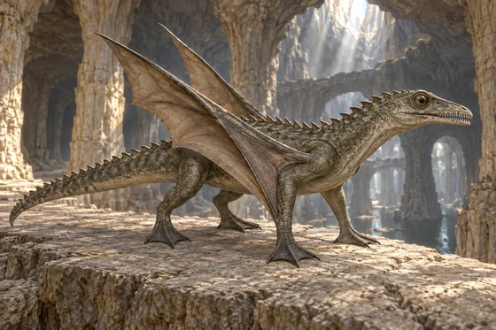 Unofficial AI interpretation of a Mahar in Phutra, following the novel’s round eyes, ridged tail, integrated wings and three webbed toes. Colour, pose and limestone architecture are imagined staging; this is not official artwork or a fossil reconstruction.