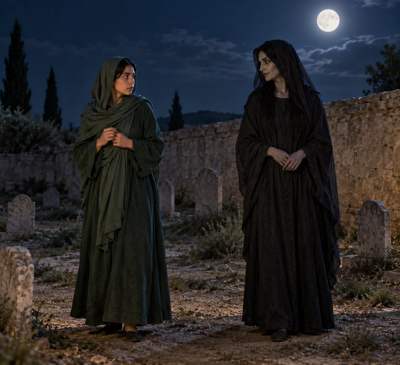 Two separate adult female figures in plain robes stand by an imagined cemetery wall in moonlight.