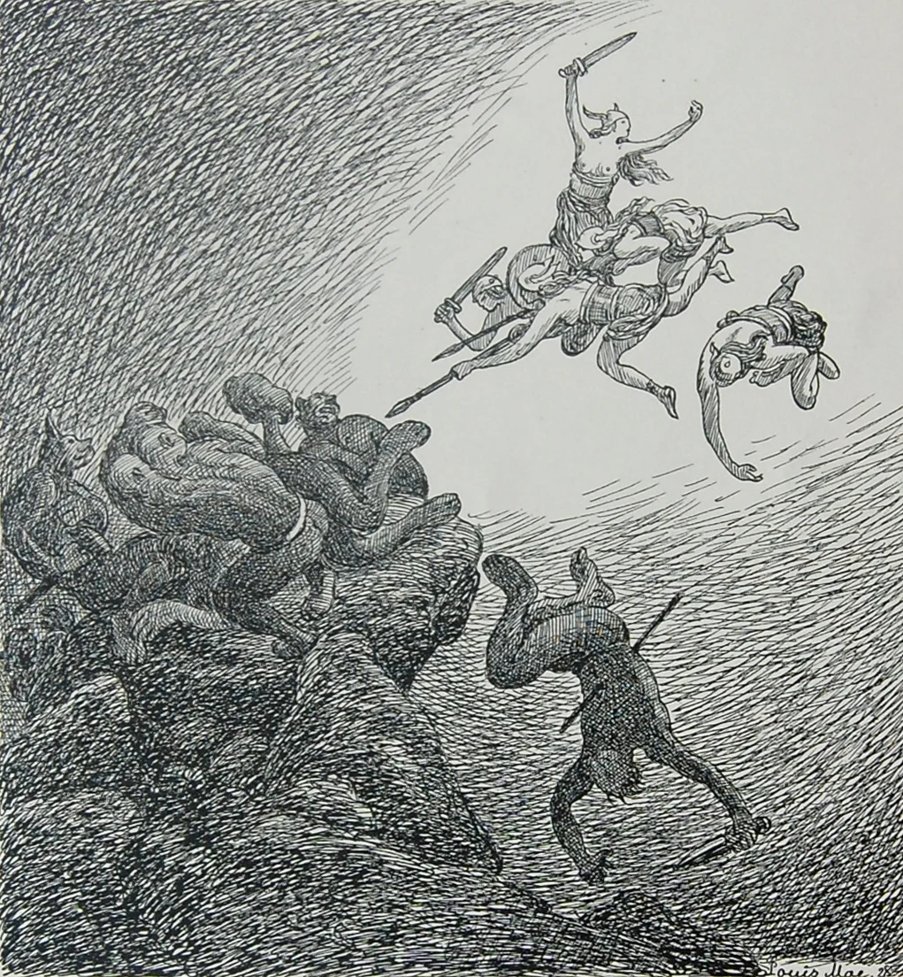 Valkyries ride and fight at Ragnarök, Louis Moe, 1929