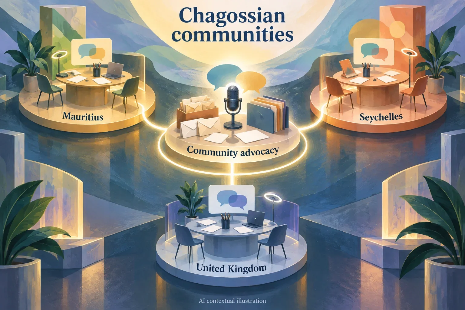 AI concept of Chagossian diaspora connections and community advocacy.