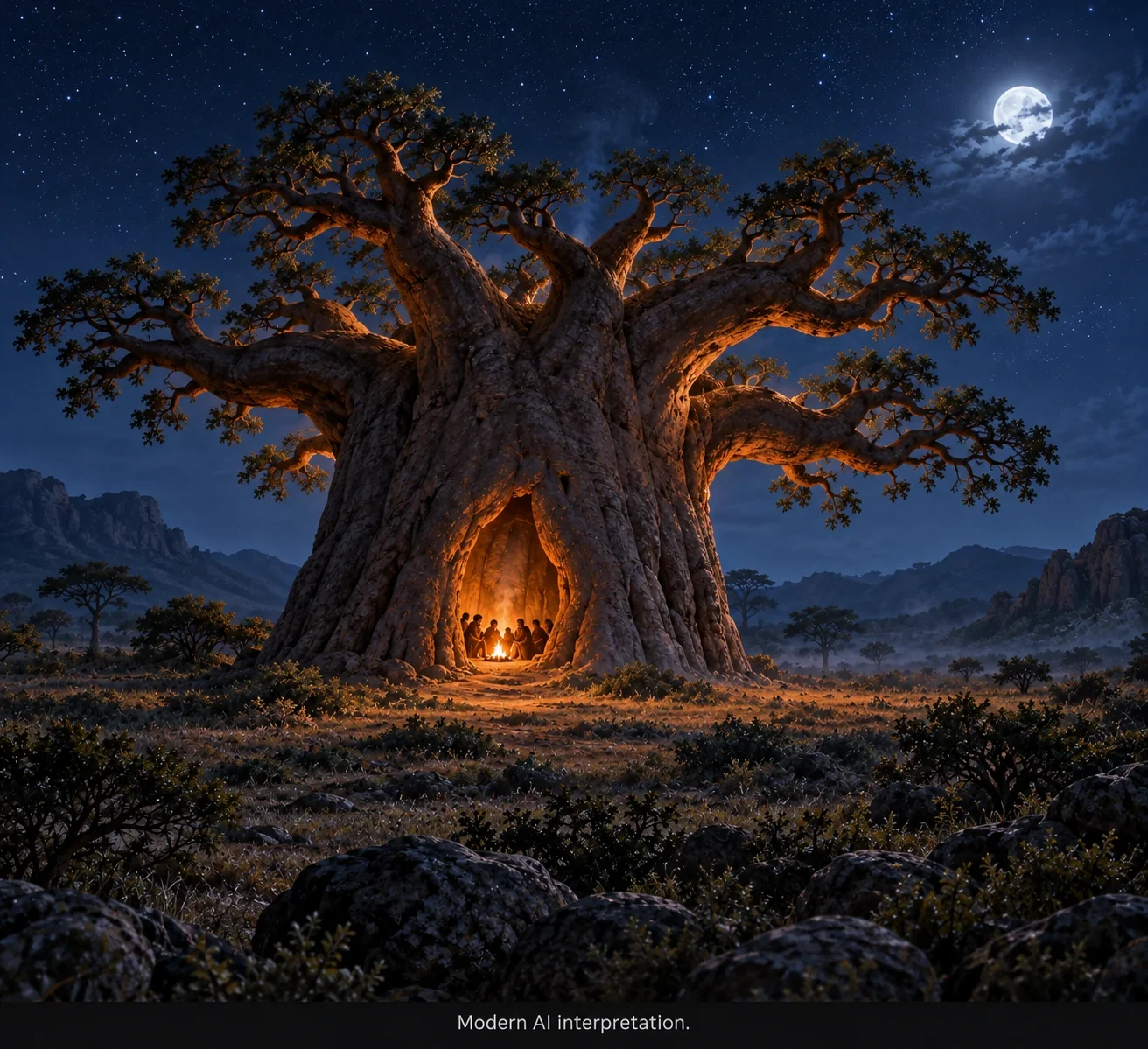 AI interpretation of the Ombalantu refuge-tree story.