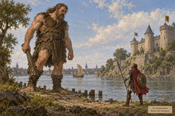 AI interpretation associated with Antigoon. Encounter, figures, heraldry and architecture imagined.