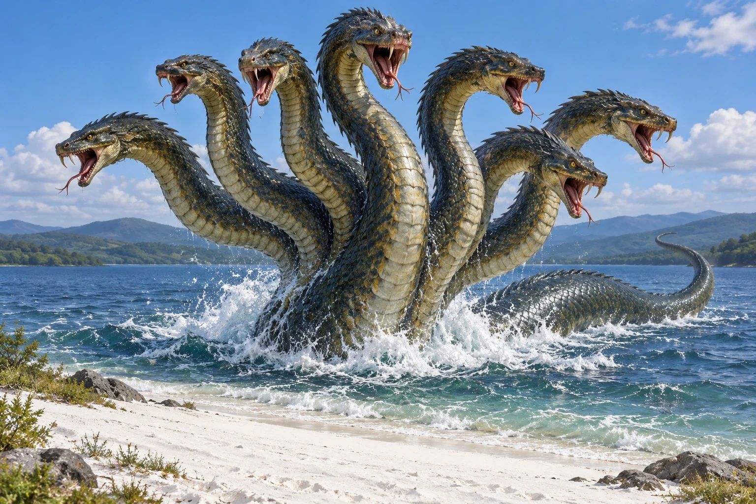 AI-generated narrative interpretation of Pemba Muhori: a seven-headed serpent emerging from a lake beside white sand.